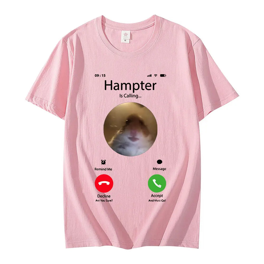 Dank Meme Hamster Staring Front Camera Hampter Calling تي شيرت أزياء بأكمام قصيرة تي شيرت كبير الحجم ملابس الشارع للجنسين