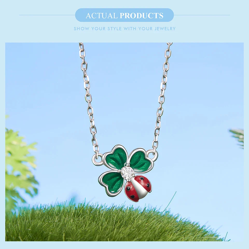 925 Sterling Silver Four-leaf Clover Ladybug Necklace for Women - Lucky Jewelry Gifts Fashion Birthday Graduation Gift