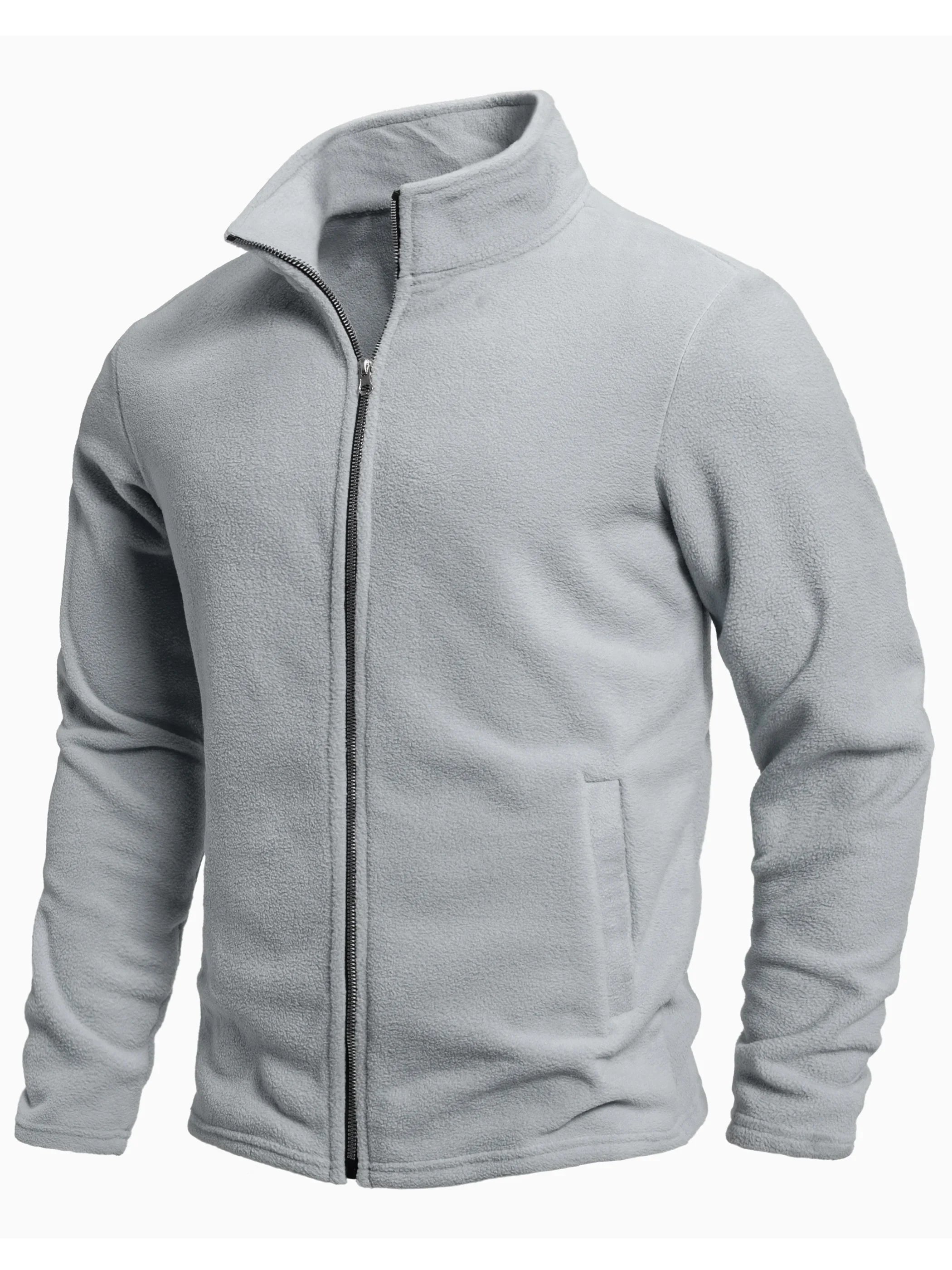 Men's Spring and Autumn Solid Color Fleece Warm Top, Comfortable Zippered Cardigan for Men's Outdoor Leisure