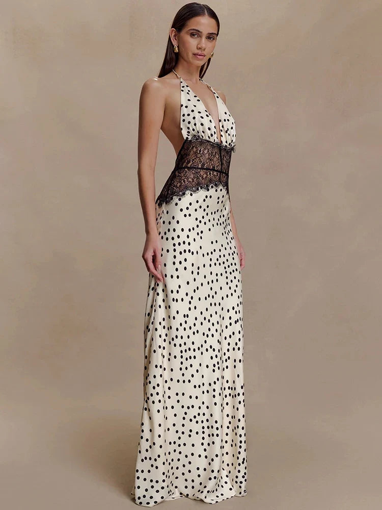 Polka Dot Backless Sexy Maxi Dress Women Gown Elegant Patchwork Lace Halter Deep V Neck Sleeveless Bodycon Club Dress
