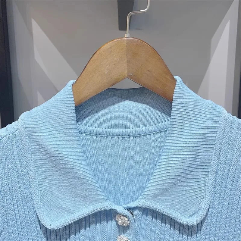 2025 Spring/Summer New Polo Neck Short Sleeve Knitted Dress Y2K Fashion Commuter Elastic Slim Fit Multi Pocket Wrapped Hip Skirt