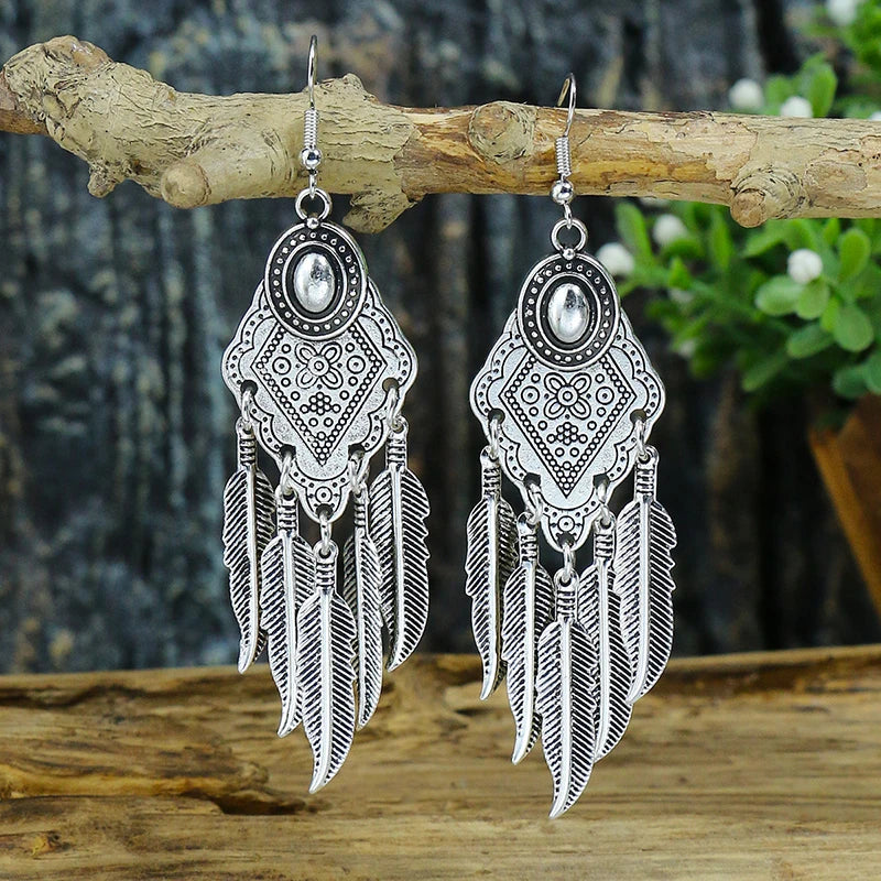 Vintage Bohemian Long Earrings For Women Big Statement Carved Geometric Tassel Boho Tibetan Silver Bronze Color Jewelry Earrings
