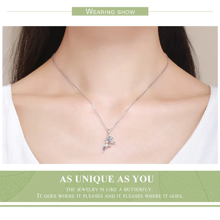 Authentic 100% 925 Sterling Silver Flower Fairy Pendant Long Chain Necklace for Women Birthday Gift Fine Jewelry SCC359
