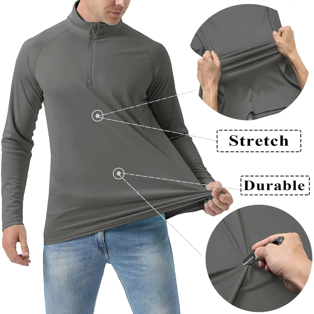 UPF 50+ Quick Dry T-Shirts Mens Long Sleeve UV Protection Shirt 1/4 Zip Running Tee Hiking Fishing Lightweight T Tops