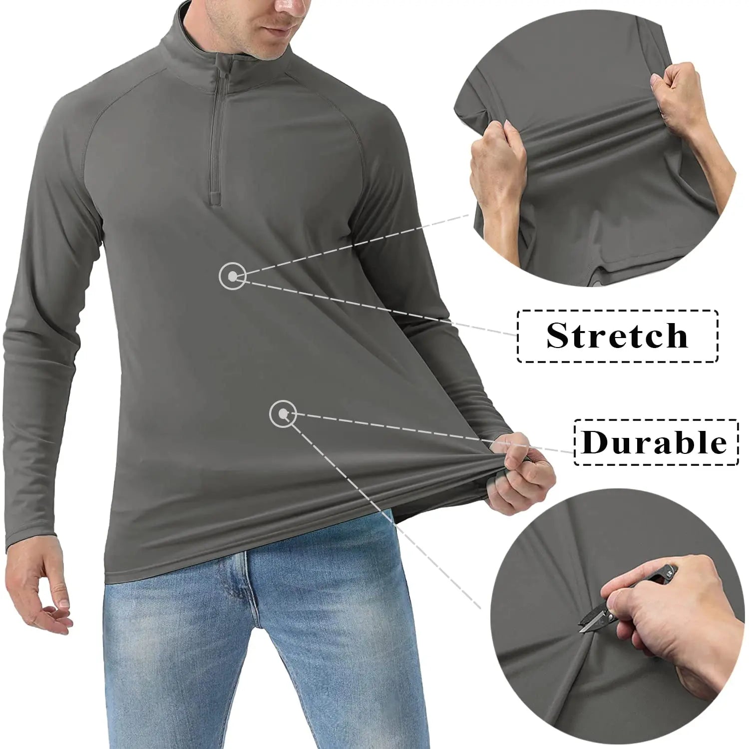 UPF 50+ Quick Dry T-Shirts Mens Long Sleeve UV Protection Shirt 1/4 Zip Running Tee Hiking Fishing Lightweight T Tops