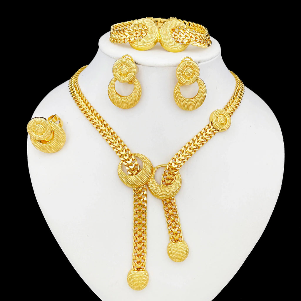 Dubai Gold Color Jewelry Set For Women Classic Bow Design 18K Gold Plated Necklace Set Earrings Bracelet And Ring Trending