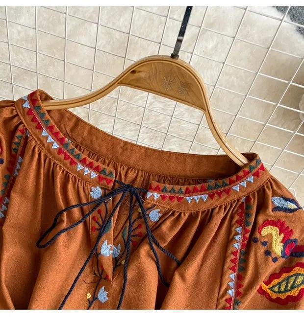 Retro Ethnic Sle Long Sve Embroidered round Ne A-Line Cotton Linen Dr Slimming Waist Cinched Ele Long Dr