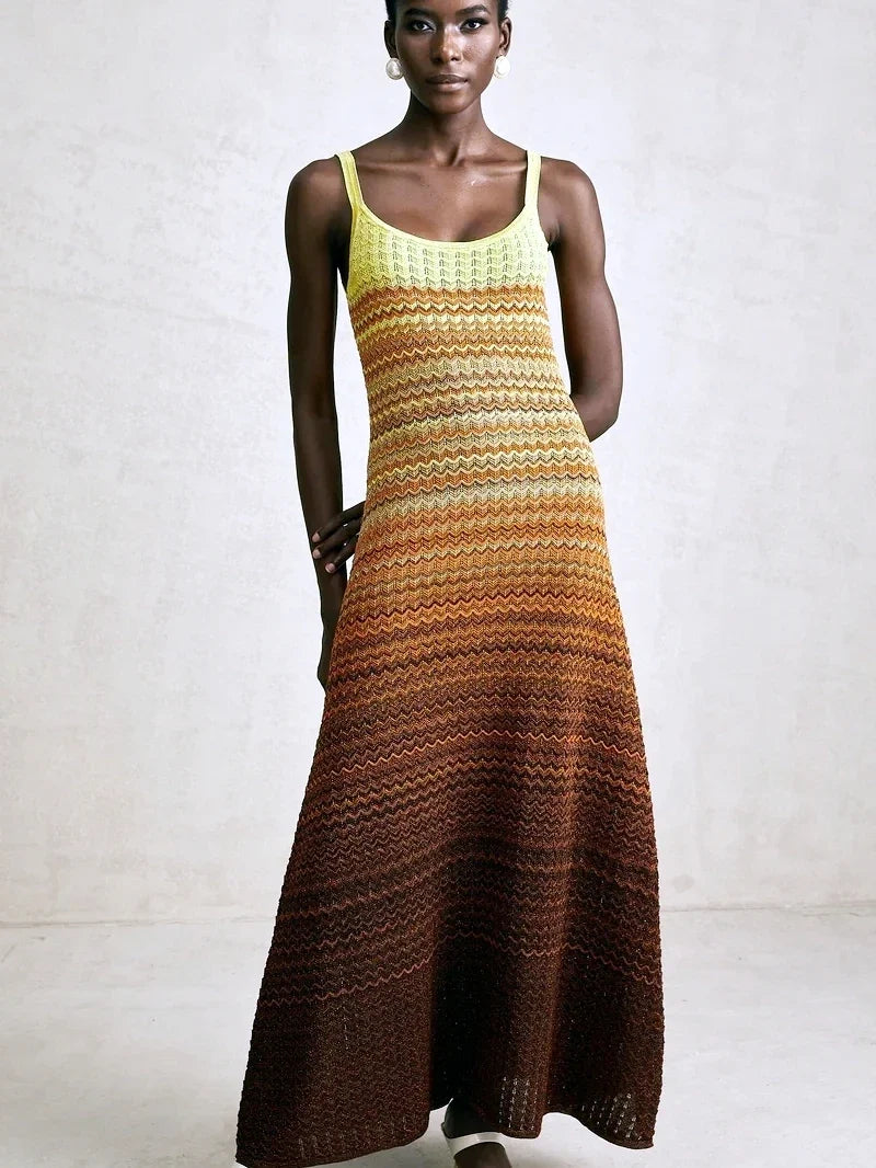Luxury Brand Design Women Elegant Boho African Golden Sequins Maxi Sleeveless Evening Party Vacation Dress Knitted Lady Clothing