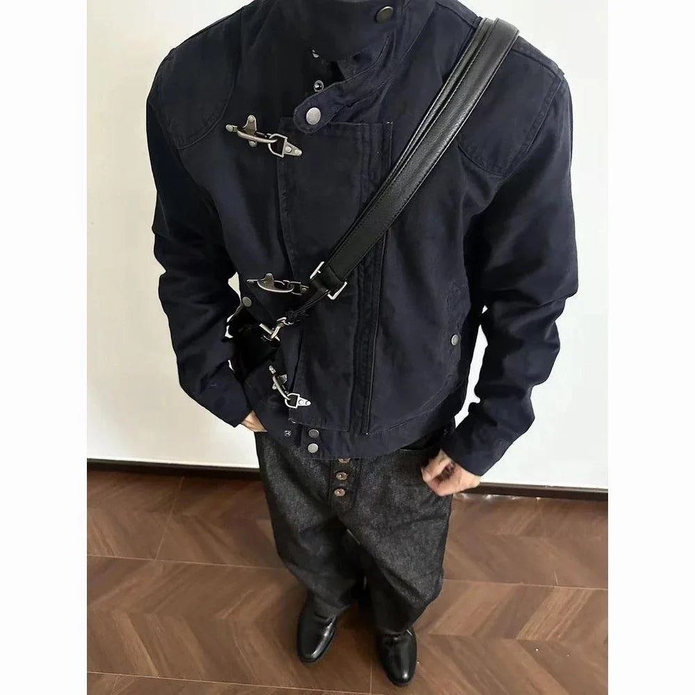 Retro Black Gothic High Street Airplane Buckle Jacket for Men and Women Korean Fashion Y2k American Retro Casual Jacket
