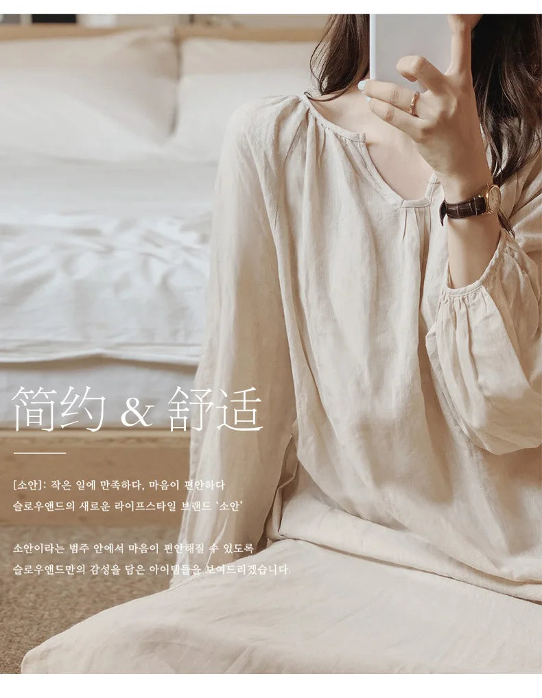Vintage 100% Cotton Women Dress V Neck Long Sleeve Korean Jananse Pajama Dresses Ladies Comfortable Homewear Wearable Outside