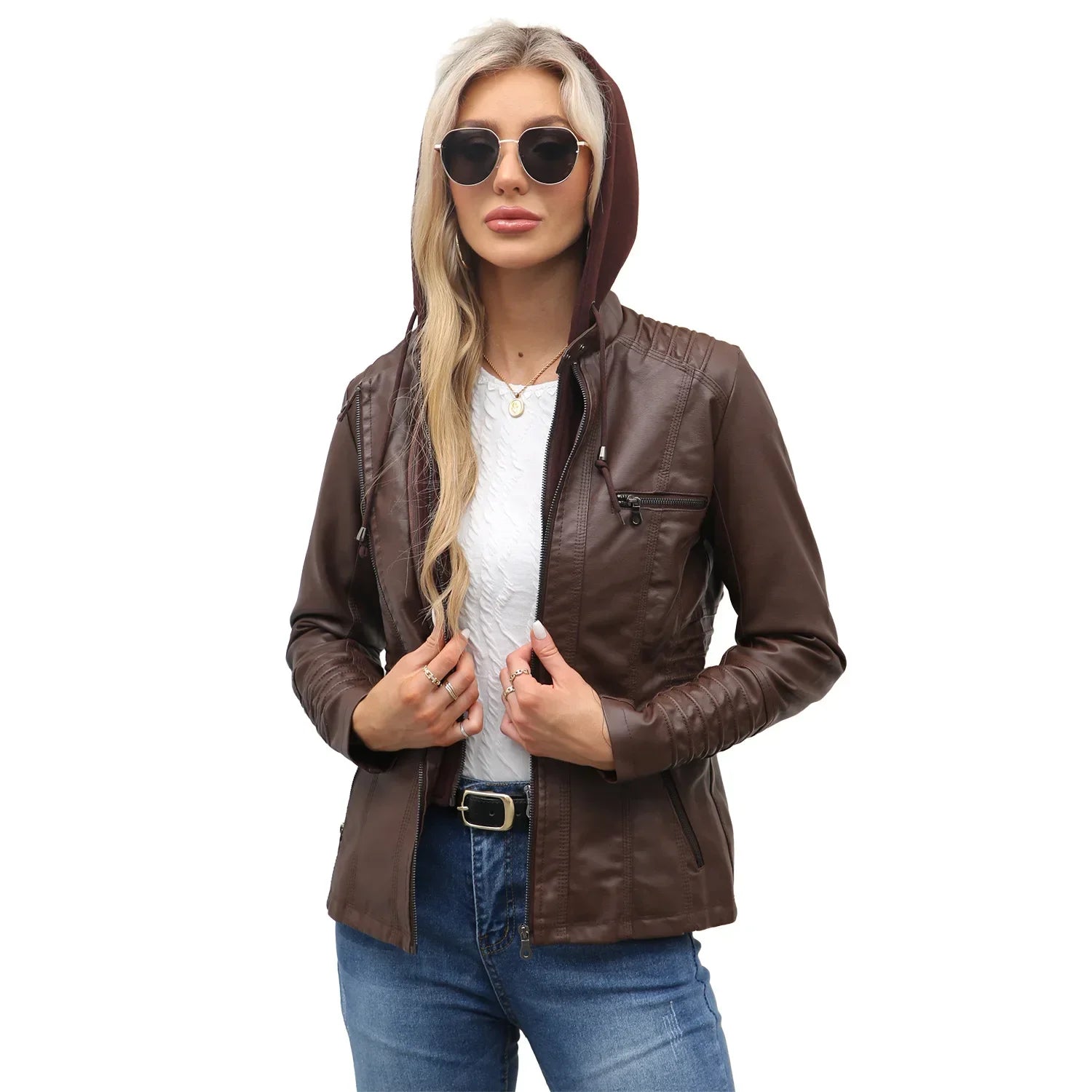 Women’s hooded jacket coat set, detachable design, faux leather, spring autumn, regular fit, L–XXL