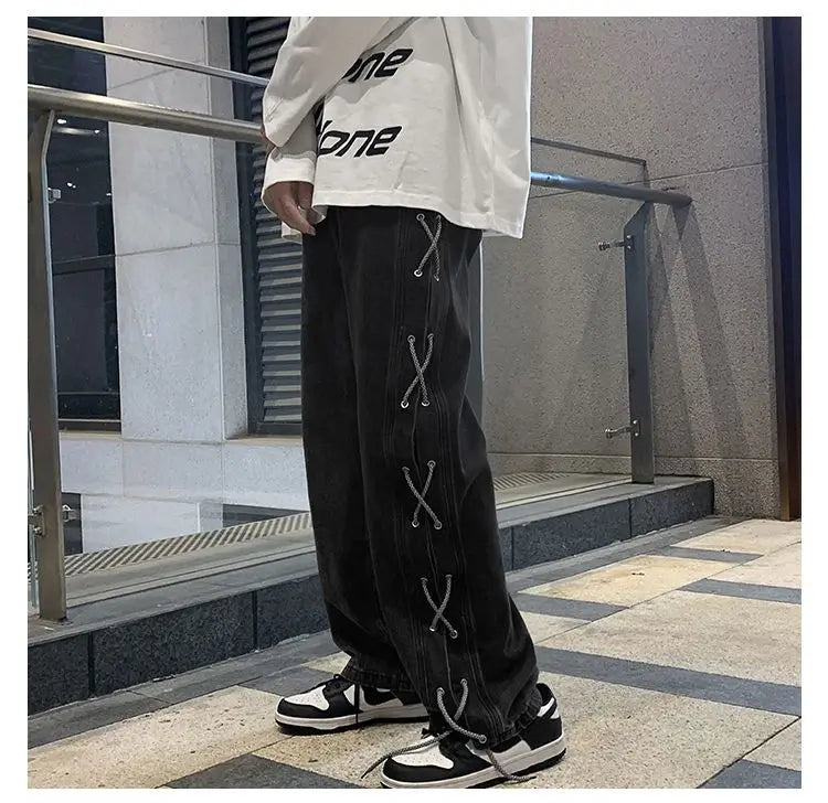 Streetwear Y2k Jeans Pants Lace Up Baggy Black Jeans Man Pants Designer Clothes Side Split 2023 Korean Fashion New