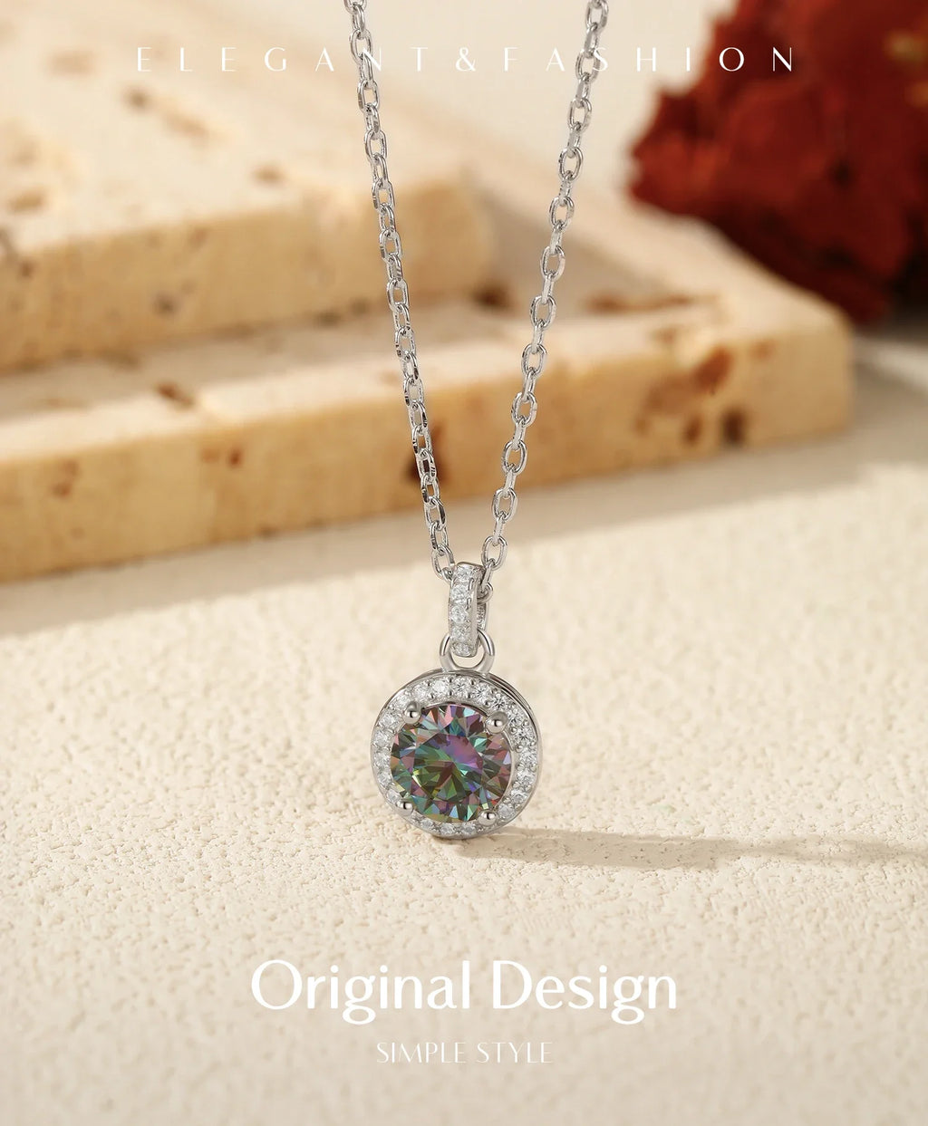 1CT Multicolor Round Moissanite Necklaces 925 Sterling Silver Luxury Classic Pendant Necklace For Women Fine Jewelry