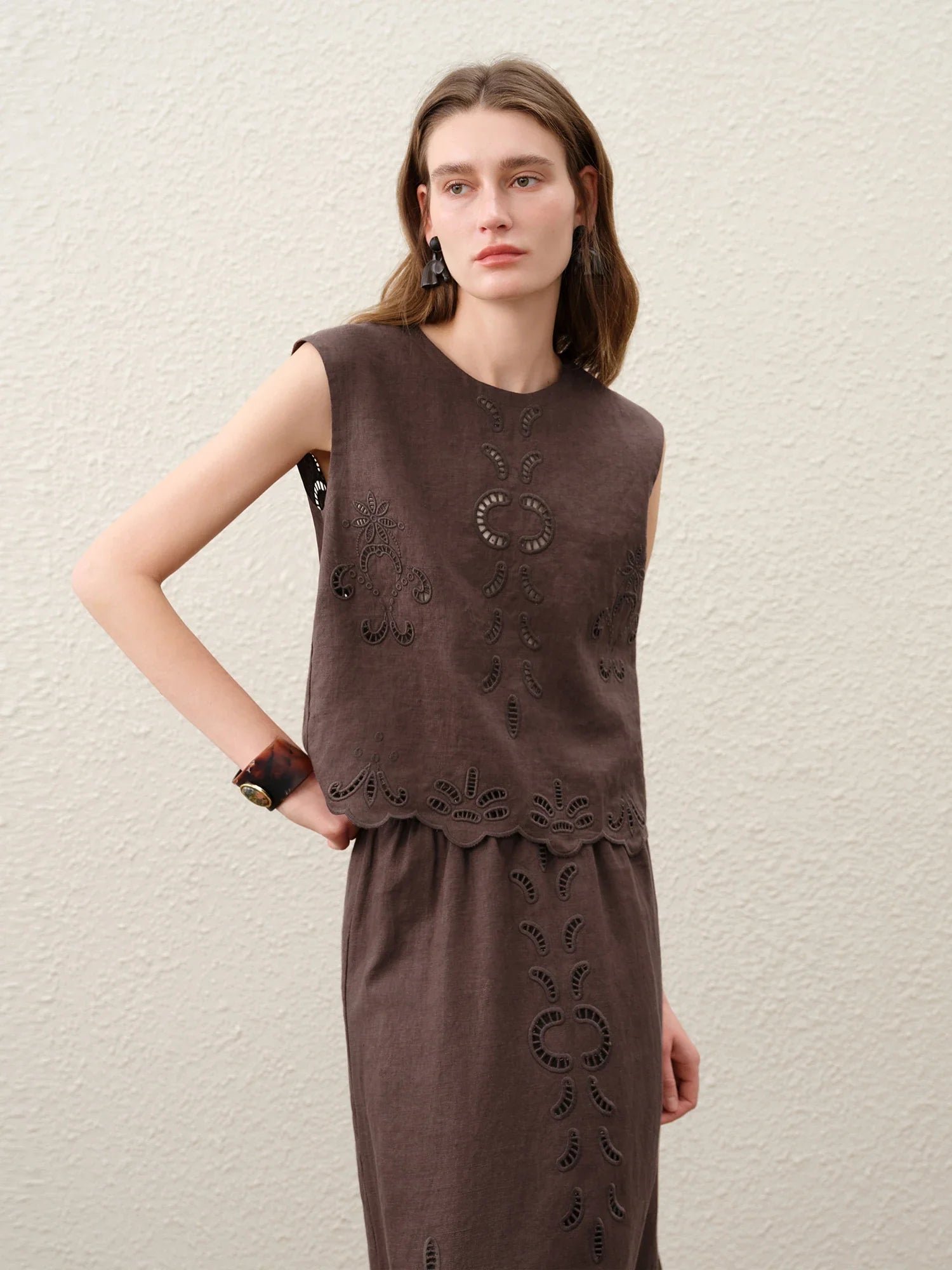Summer Women Linen Two Piece Set Cut-Out Embroidered Sleeveless Top Midi Skirt Boho Beach Vacation Style