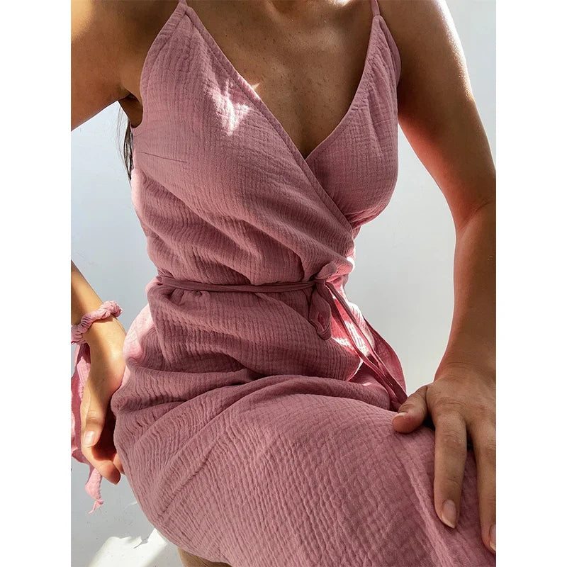 Vintage Women's Dress 100% Cotton Crepe Gauze V-Neck Sleeveless Bandage Long Maxi Elegant Dresses For Women
