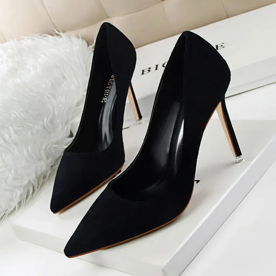 Women 9cm High Heels Yellow Burgundy Pumps Plus Size Stripper Suede Escarpins Lady Wedding Bridal Scarpins Green Blue Prom Shoes