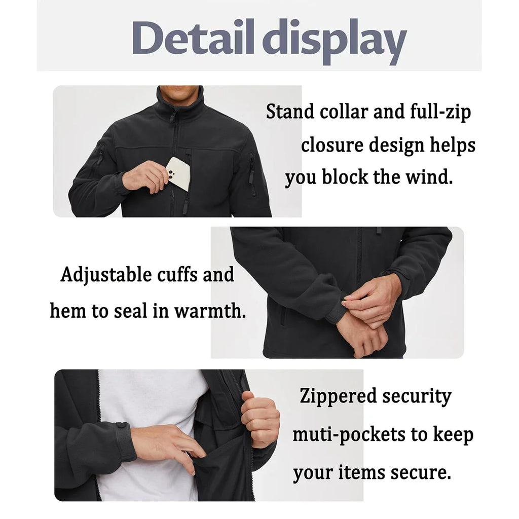 Men's Fleece Jacket Soft Warmth Windproof Full Zip Up Coat Multiple Zipper Pockets Hiking Working Outdoors Windbreaker