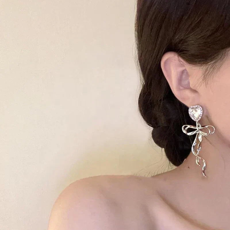 Jewelry Sweet Heart Rhinestone Butterfly Shape Dangle Earrings for Women Silver Color Korean Fashion Y2K Piercing Earring