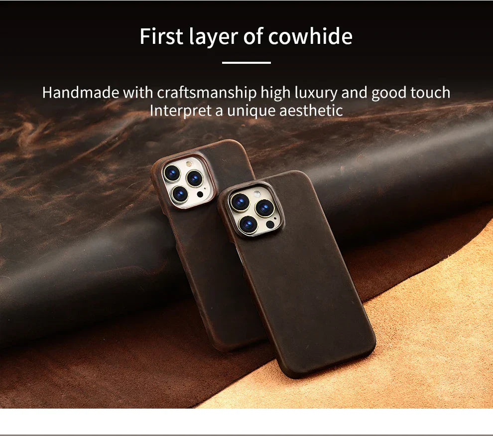 for Magsafe Case for iPhone 15 16 17 Pro Max Air Retro Luxury Full Grain Cowhide Genuine Oiled PULL-UP Leather Magnetic Cover