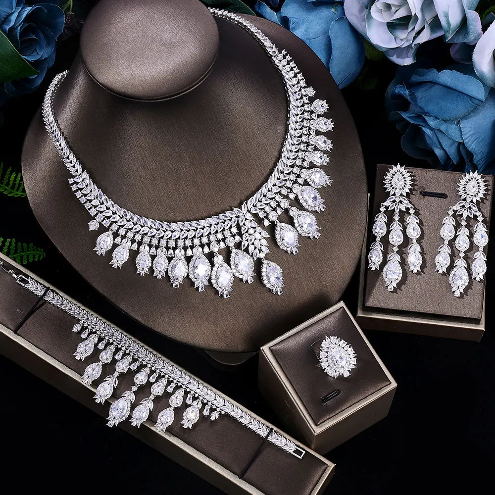 Luxury Elegant 4 PCS Necklace Earrings Bracelet Ring for Noble Luxury Women Bridal Wedding Party Show Jewelry Sets