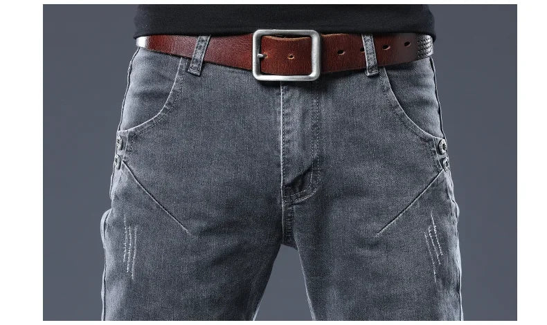 2026 New Gray Skinny Jeans Men's Slim Elastic Korean Fashion Vintage Casual Feet Male Clothing Denim Trousers 27-36