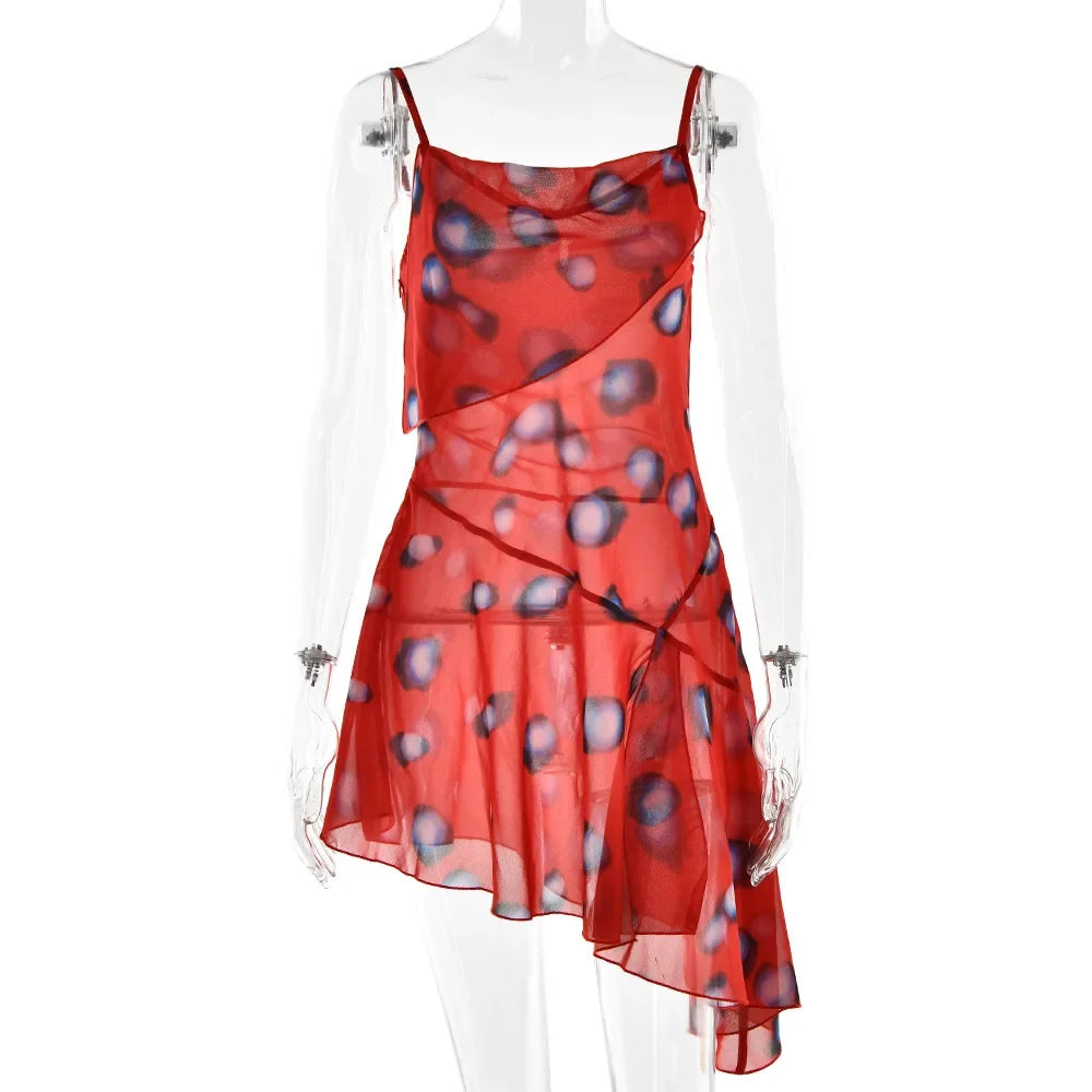 Print V-neck Lace Up Casual Dress Women Chic Thin Mesh Polka Dot Flared Sleeves Patchwork Slim Fit Dresses Lady Daily Vestidos