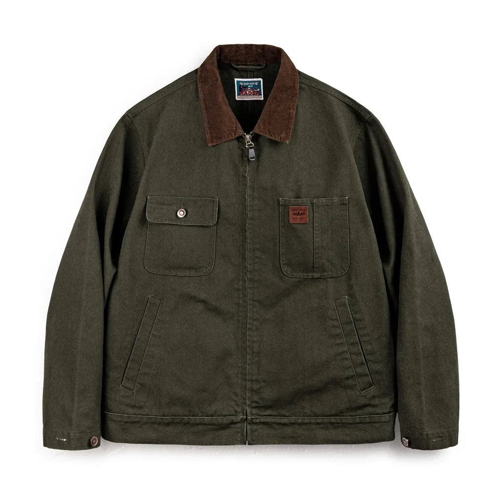 Retro Heavyweight Canvas Detroit Jacket Corduroy Collar Hunting Short Zip-Up Jacket with Pockets Men's Autumn Outerwear