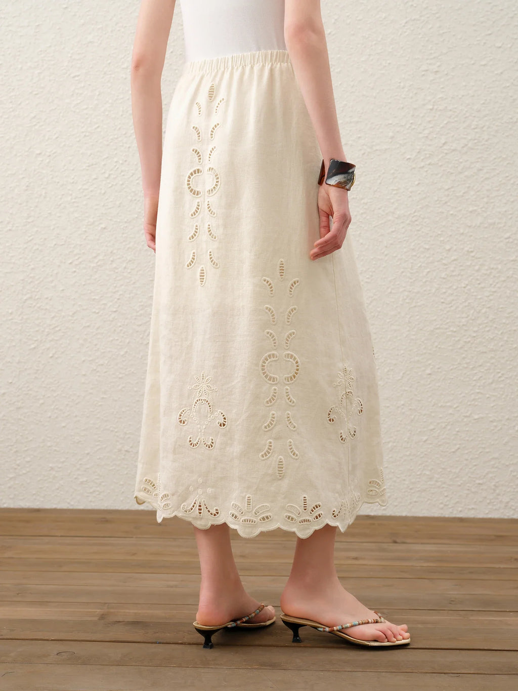 Summer Women Linen Two Piece Set Cut-Out Embroidered Sleeveless Top Midi Skirt Boho Beach Vacation Style