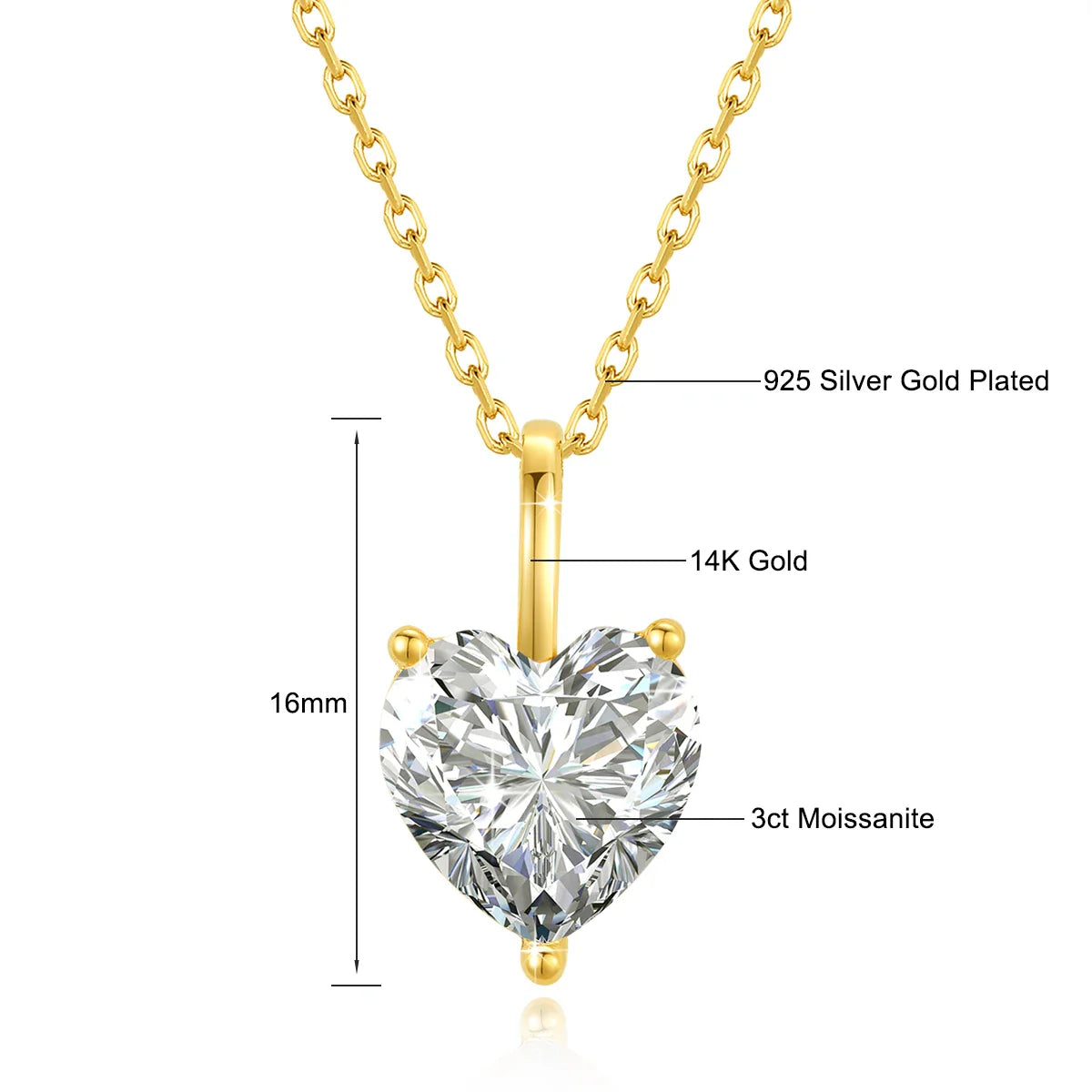 100% Real 14K Gold Heart Moissanite Pendant Wedding Necklace Women Fashion Temperament Glossy Lab Diamond Anniversary Jewelry