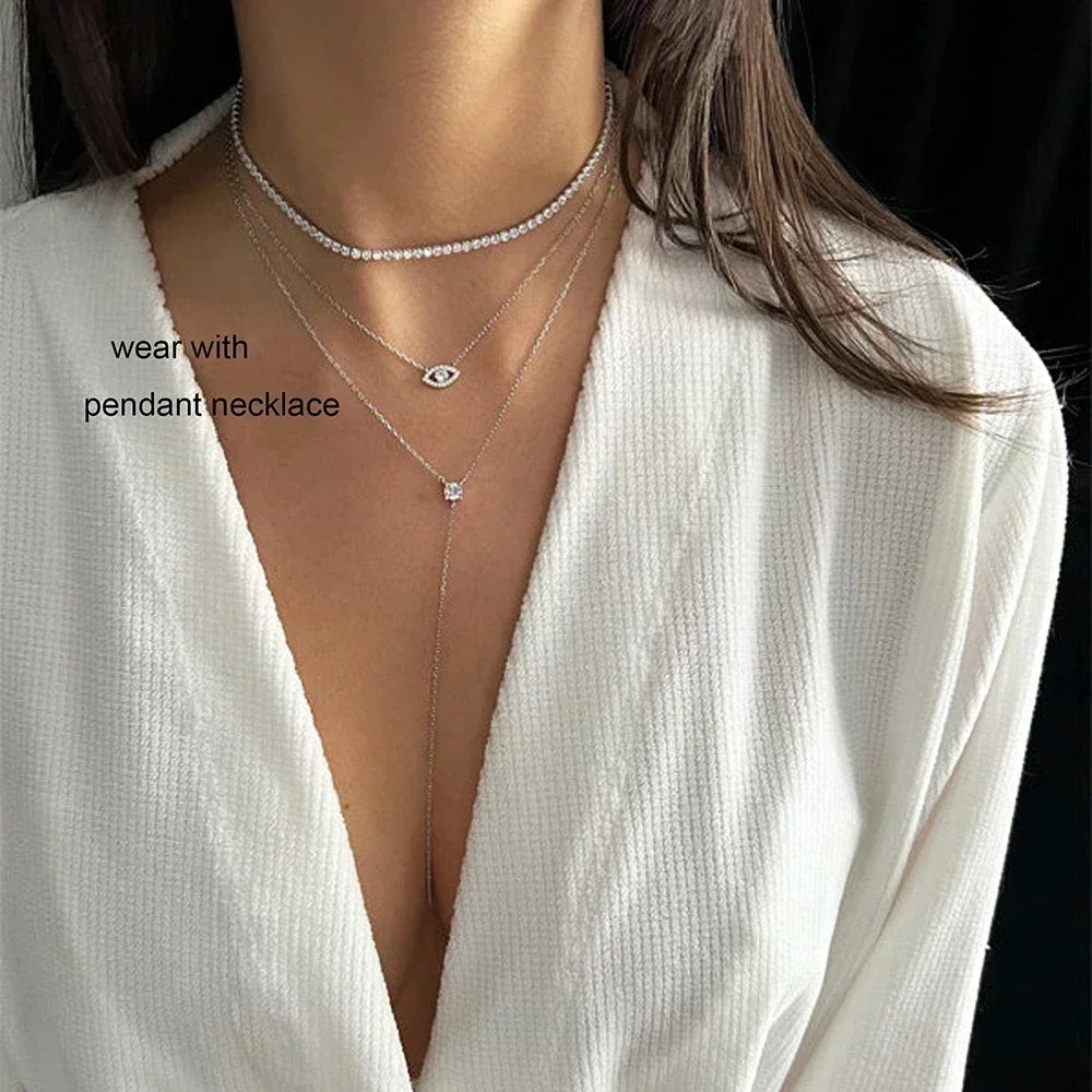 2mm All Moissanite Tennis Necklace for Women 925 Silver Plate 18K Gold Choker Chain Sparking Diamond Riviera Necklace Adjustable