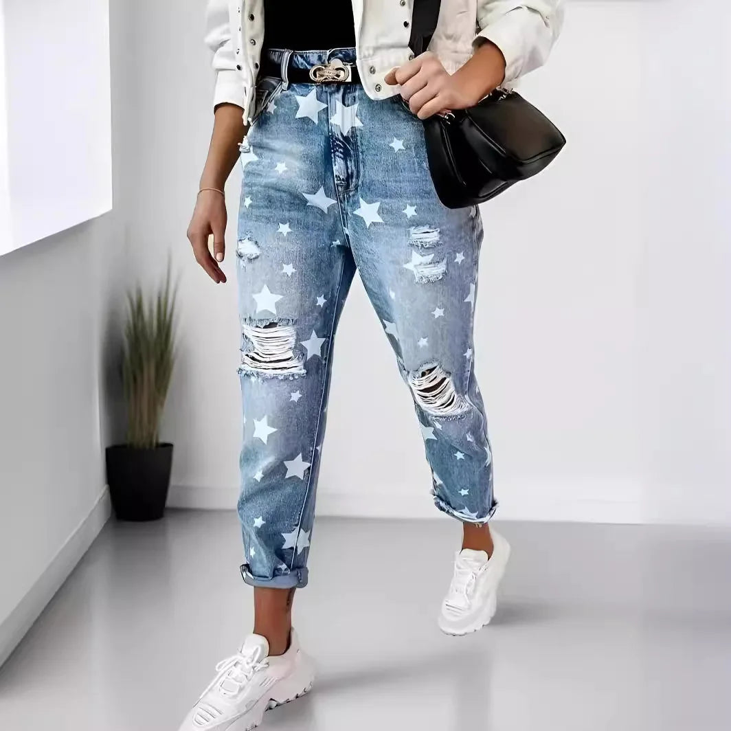 Jeans Denim Holes Ripped Washed Jean Ankle Length Straight Pants Women Spliced Pockets Loose Fit Casual 2025 Distressed