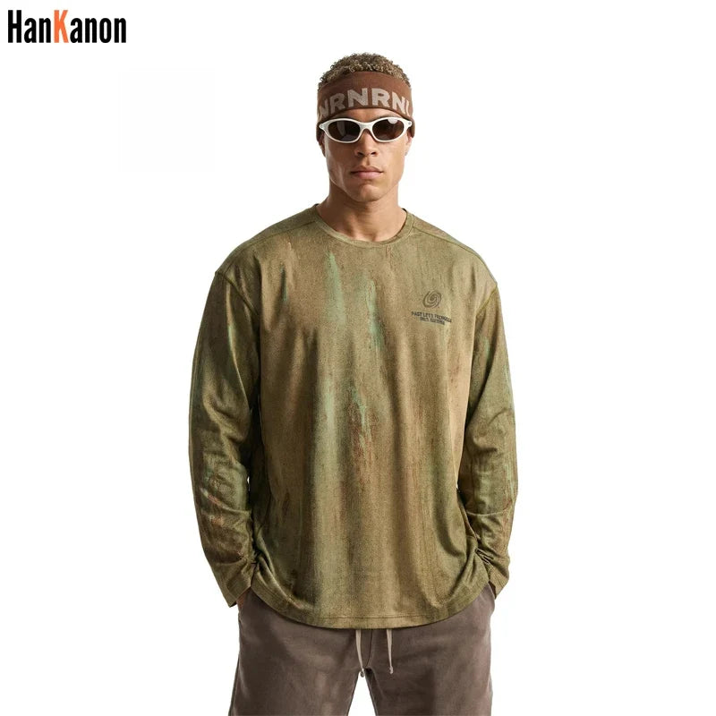 Men's Wasteland Style Long Sleeve T-Shirt - Distressed Digital Print & Loose Elastic Fit Casual Top Unisex