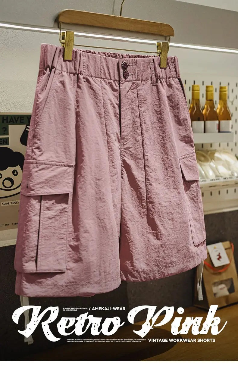 Outdoor Quick-Dry Pink Cargo Shorts Men's Summer Lightweight Woven Elastic Waist Shorts Loose Straight Bottoms for Sports