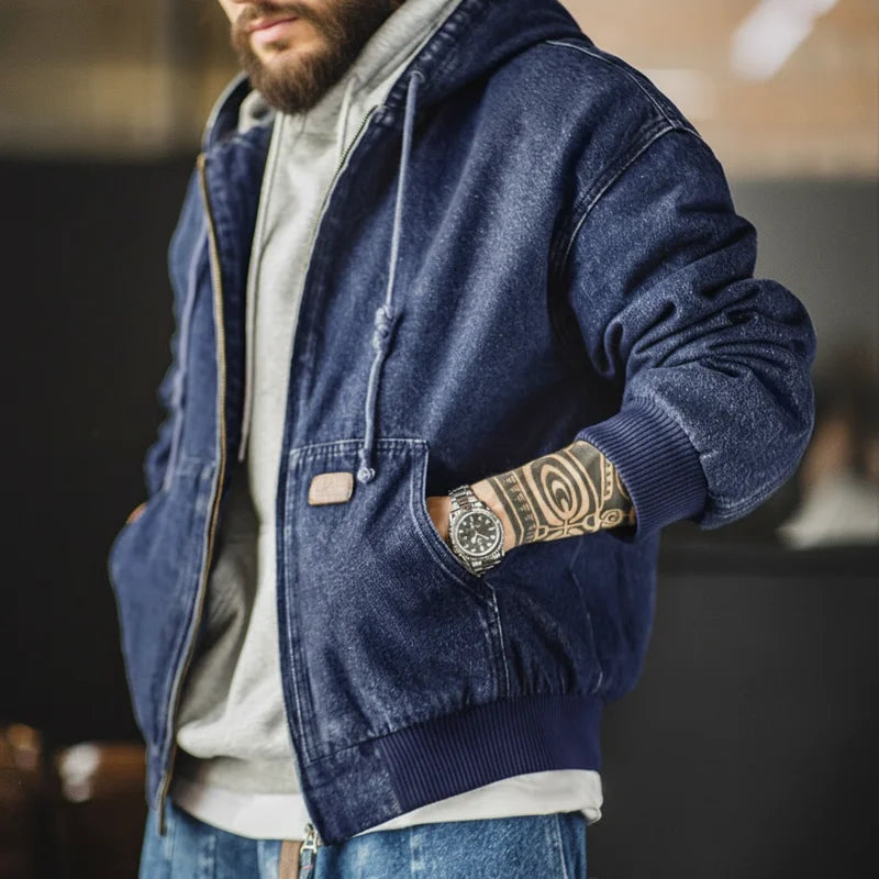 Retro Men's J130 10.5oz Denim Jacket Heavyweight Washed Aged Hooded Jacket Zipper Work Coat with Large Pockets for Fall