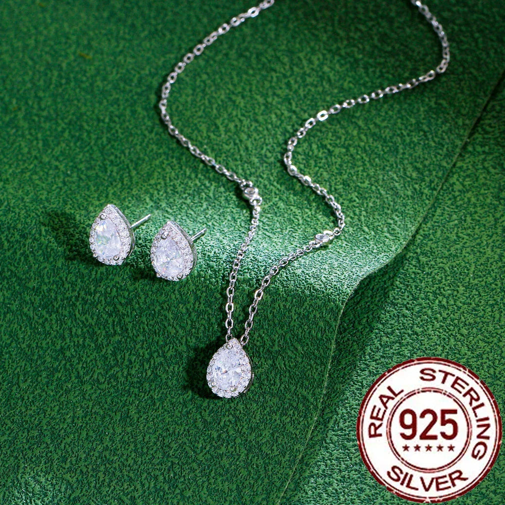 Pure 925 Sterling Silver Pear Cut CZ Stud Earrings Pendant Necklace Set for Women Fine Jewelry Accessories Gift ST005