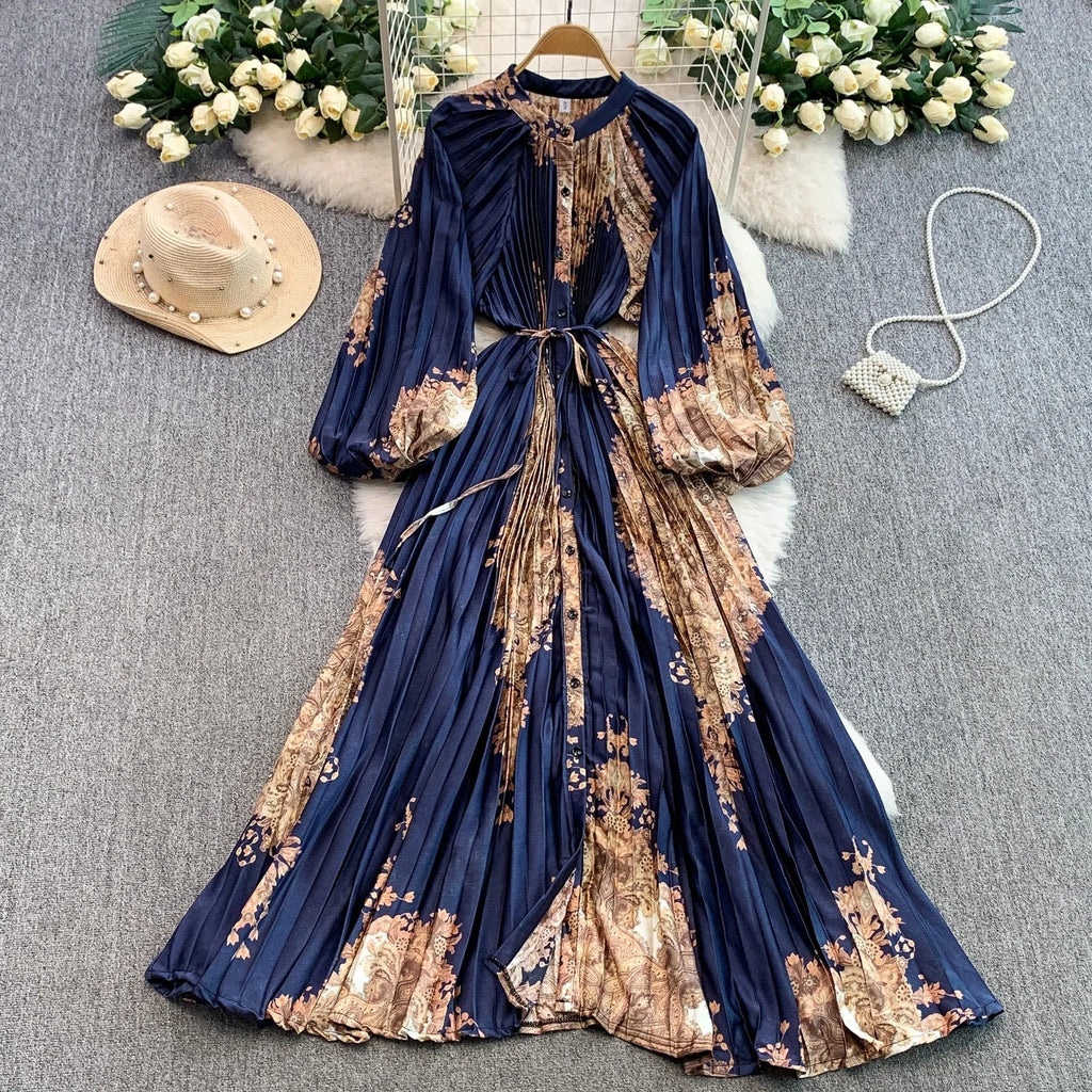 Printed round Ne Lantern Sve Dr Women's Single Button Waist Cinch Maxi Skirt Long Dr Commute Sle Autumn