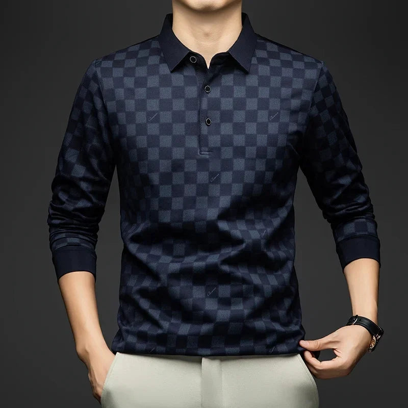 Polo Shirts for Man Autumn Business Slim Fit Long Sleeve T Shirt Men 2026 New Casual Loose Pullover Plaid Men Tops & Tees