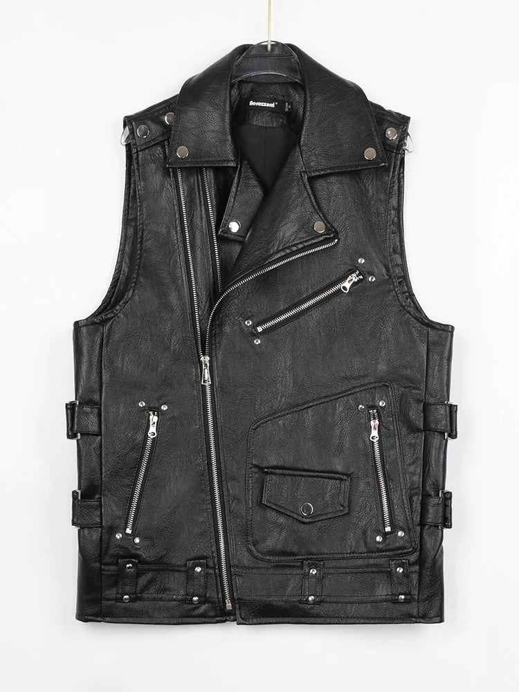 Autumn Black Motorcycle Pu Leather Vest Men Zipper Pockets Plus Size Faux Leather Biker Sleeveless Jacket 4xl 5xl