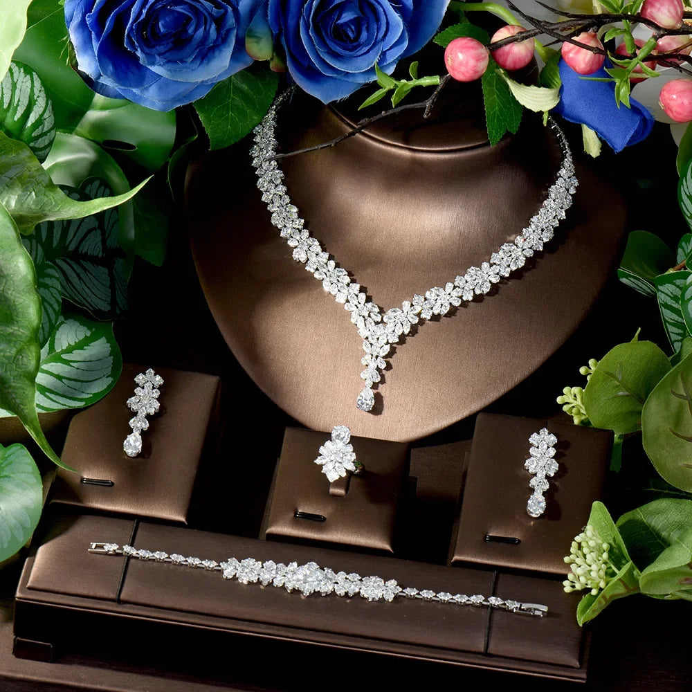 4 Pcs Luxury Elegant Ladies Zirconia Jewellery Set Necklace Earrings Bracelet Dress Accessories Party Wedding Evening Gift M-325