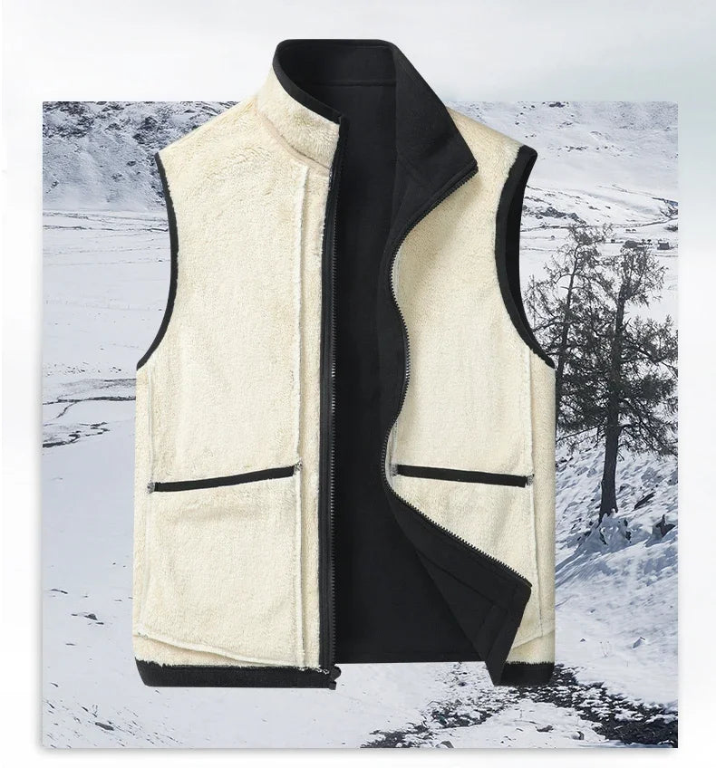 2024 Autumn and Winter Lambswool Vests Men New Warm Padded Stand-up Collar Large Size Casual Versatile Trend Jacket Shoulders