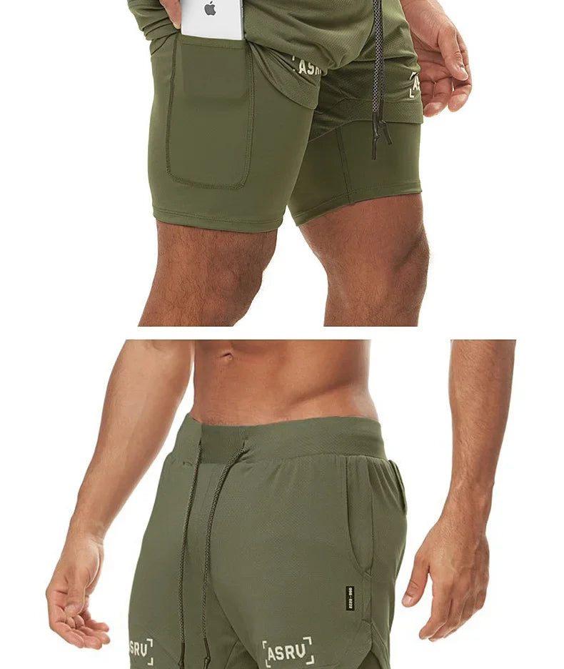 Men's 2 in 1 Double-deck Gym Shorts Quick Dry Summer Running Workout Shorts Zipper Pockets Slim Fit Fitness Training Short Pants