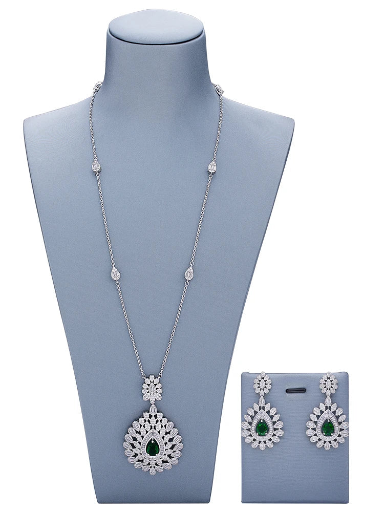 Elegant Women Wedding Jewellery African CZ Crystal Leaf Drop Bridal Necklace Bracelet and Earrings Jewelry Sets