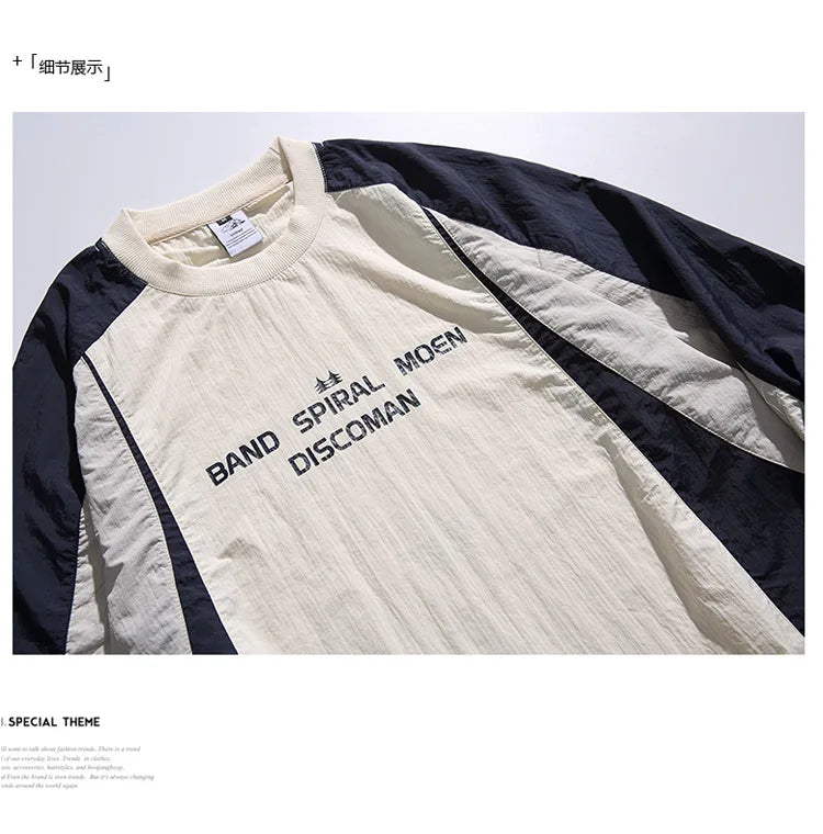 Japanese-inspired Color-blocked Crew Neck Sweatshirt with Patchwork Design: Men's Spring/Autumn Outdoor Leisure