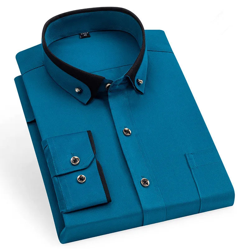Hot Sale Men's Business Dress Shirts long Sleeve Contrast Collar Social Camisa With Diamond Anti-wrinkle Button Down Black Blue