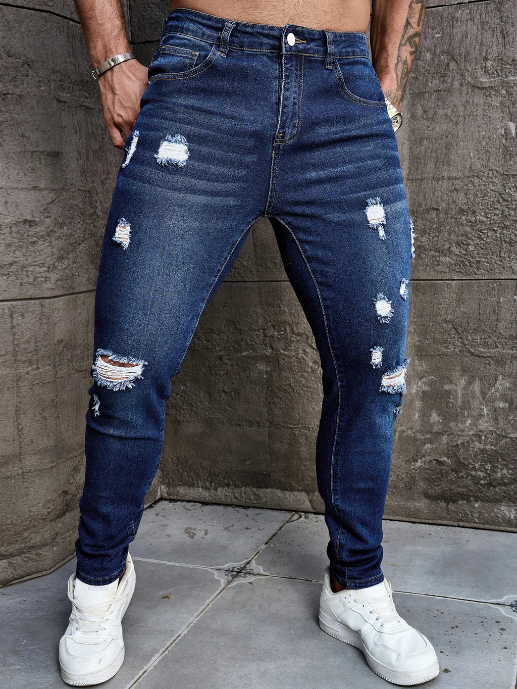 Men's Deep Blue Skinny Fit Ripped Stretch Denim Jeans Versatile and Easy Match Men's Pants Elastane Fabric Everyday Wear