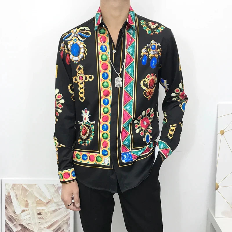 Casual Gold Retro Print Shirt Summer Men's Long Sleeve Shirt 3D Printed Lapel Shirt Men's and Women's Fashion Shirt Long Sleeve