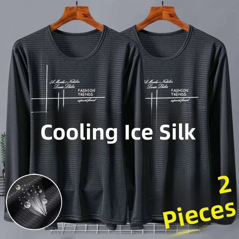 New 2025 Men's Ice Silk Breathable Sun Protection Hollow out Thin Long Sleeve Casual Sports T-Shirt Large Size Loose Fit