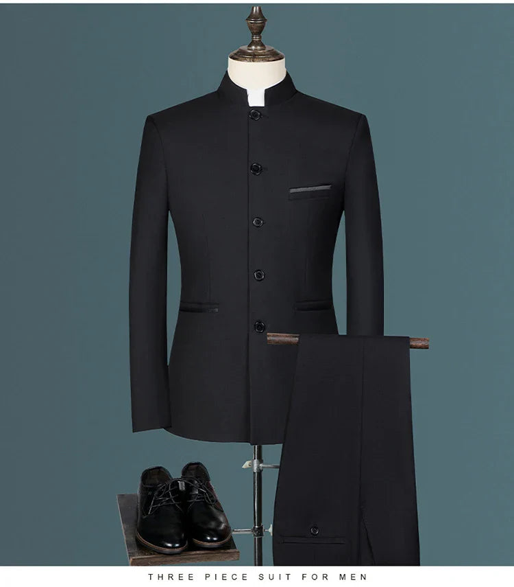 Suit (Blazer+ Vest + Pants) Men's Fashion Gentleman Business Outdoor Standing Collar Gentleman Wedding Work Casual MAO Suit