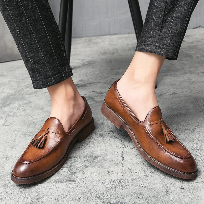 Men Small Fringe Loafers PU Low Heel Business Casual Formal Men Shoes