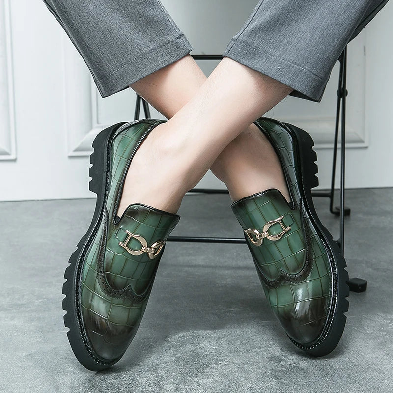 Trendy Brand Green Brogue Shoes Men's Leather Business Shoes Groom's Wedding Men's Loafers British Style Dress Shoes Men